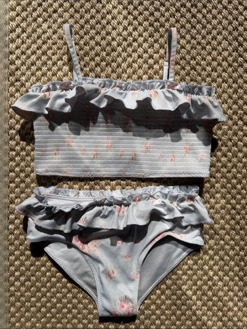 LoveShackFancy Light Blue Floral Smocked Bikini Set ruffle size 5-6 year